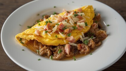 Fototapeta premium Scrambled egg omelet with savory ham mushrooms and cheese