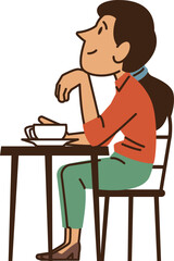 Fototapeta premium Cartoon woman sitting at cafe table thinking flat style vector