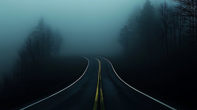 Foggy mountain road at night