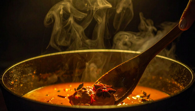 Wooden Spoon Stirring Rich Curry with Rising Steam
湯気が立つ濃厚なカレーを木べらで混ぜる様子