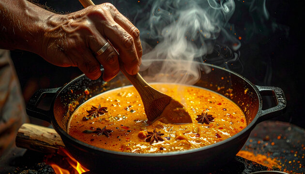 Stirring Homemade Spicy Curry in a Cast Iron Pot
鋳鉄鍋でスパイシーなカレーをかき混ぜる様子