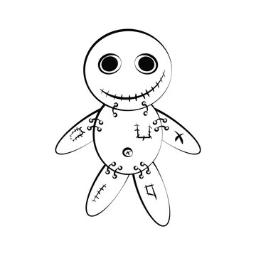 Hand drawn smiley voodoo doll sketch on a white background. line drawing. halloween clip art ritual doll stitches with needle. vector illustration