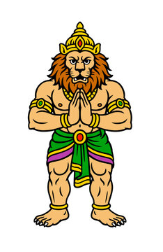 Lion Warrior King Mascot Character with Namaste Gesture Cartoon Vector Illustration