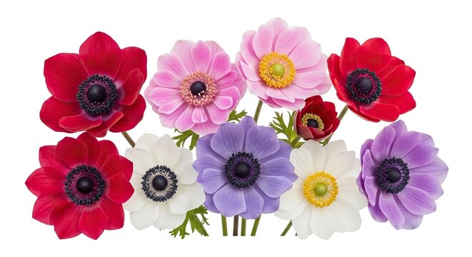 A vibrant collection of anemone flowers is arranged against a white background. The flowers display a variety of colors including red, pink, purple, and white.
