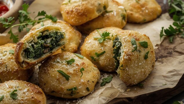 Middle Eastern spinach and cheese fatayer with golden crust and rich filling