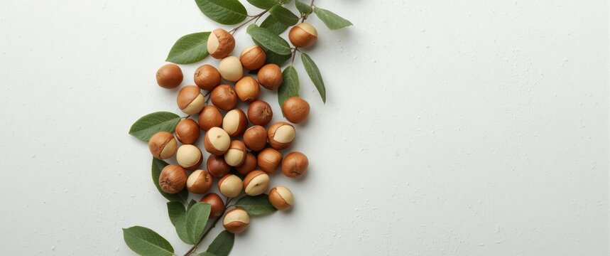 Overhead flat lay of hazelnut and privet leaves on a white minimalistic textured background featuring copy space