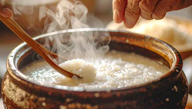 Warm rice porridge in a rustic bowl, healthy homemade meal and comfort food concept
素朴な器に入った温かいおかゆ、健康的な家庭料理と癒しの食卓
