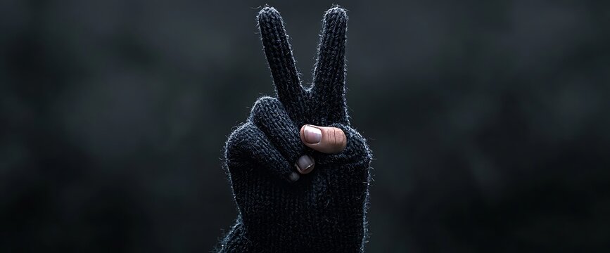 Gloved hand displays peace sign against blurred dark background