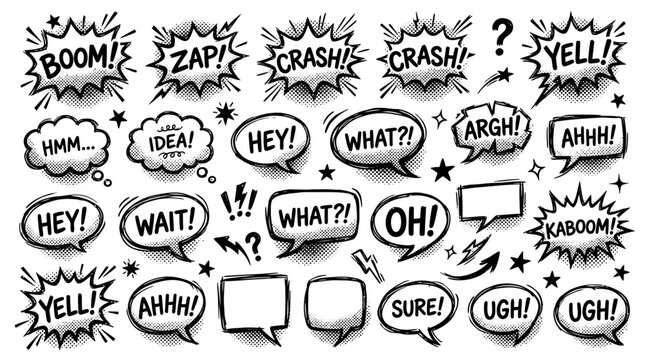 Set of Comic Book Speech Bubbles and Sound Effects with Retro Pop Art Style for Expressing Various Reactions on an Isolated White Background