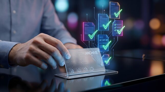 Digital Document Archiving System. Hands interact with futuristic glowing interface, illustrating secure cloud data management, compliance, and workflow efficiency.