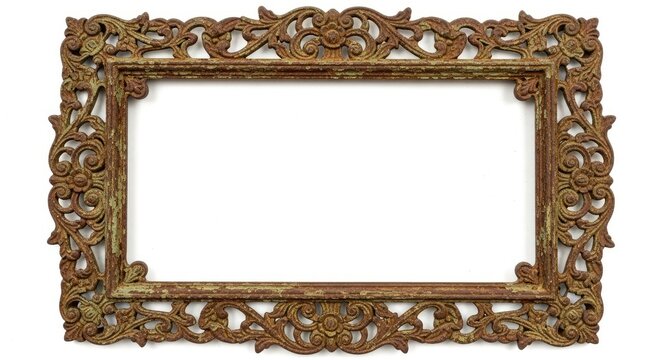 An ornate, weathered cast iron picture frame rests on a white background. The frame features a detailed, scrolling floral design in a muted green and brown color palette.