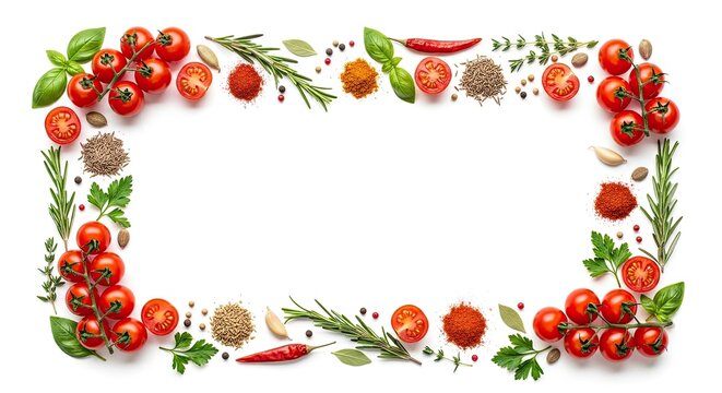 A white background frames a collection of fresh herbs and spices. Red cherry tomatoes, rosemary sprigs, basil leaves, oregano, paprika, and chili peppers are arranged in a decorative border.