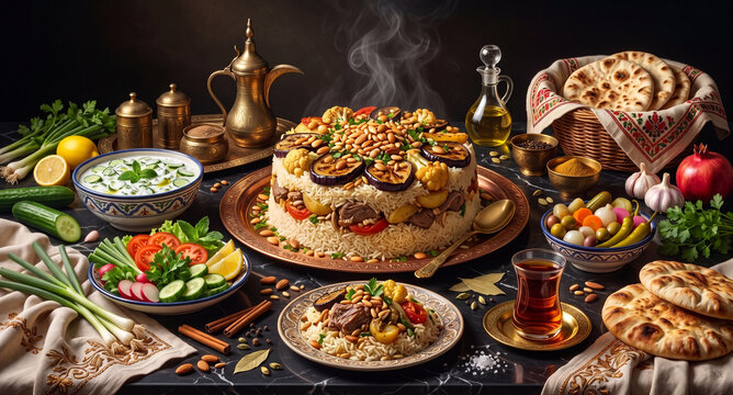 Traditional Middle Eastern rice dish with meat and nuts on a banquet table