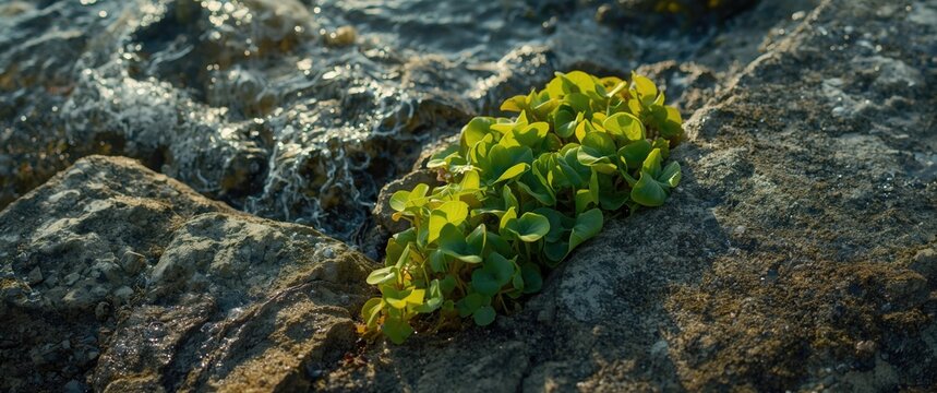 Sharp image of ulva lactuca seaweed covering jagged rocks in intertidal zone
