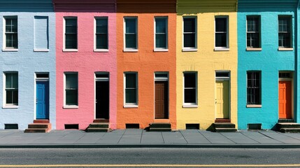 Obraz premium Row of vibrant, brightly painted houses with distinct colored facades and doors