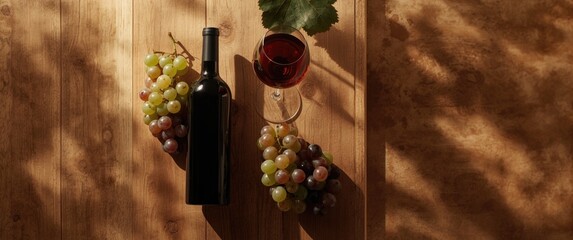 Fototapeta premium Table arrangement with wine bottle glass grapes and cork seen from above with ample copy space