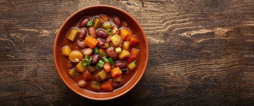 Overhead shot of a vegetarian kidney bean stew with assorted vegetables served on a natural wood surface