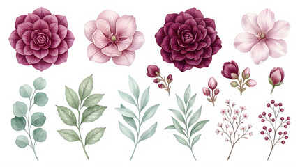 Fototapeta premium Watercolor floral arrangement with roses and leaves