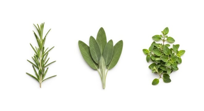 Three sprigs of fresh herbs &ndash; rosemary, sage, and thyme &ndash; are arranged on a white surface. The herbs are vibrant green and appear to be in focus.