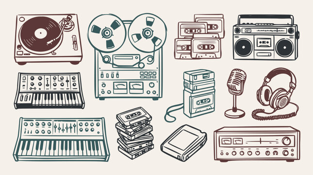 Collection of hand-drawn vintage audio equipment including turntables, reel-to-reel recorders, and synthesizers in a retro style