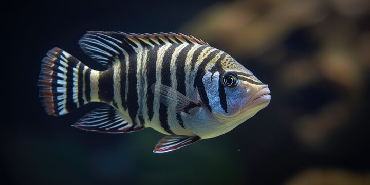 Zebra cichlid swimming in a freshwater aquarium