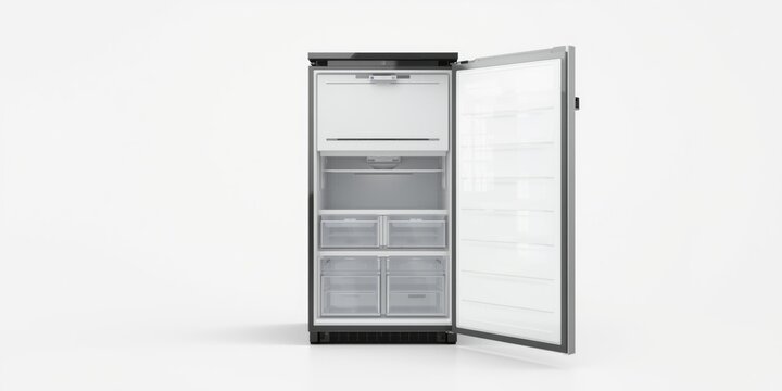 Open modern refrigerator with empty shelves and drawers