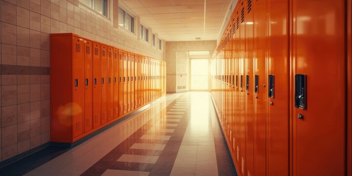 Orange school lockers lining a bright hallway