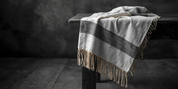 Jewish prayer tallit in monochrome with tzitzit artfully presented on table corner