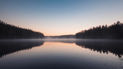 Fototapeta premium Fog over a calm lake at sunrise with trees along the shore