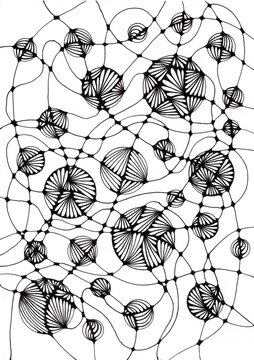 A graphic illustration in the style of neurographics, executed in black liner on a white background. The design consists of an interweaving of smooth bionic lines, reminiscent of a neural network.