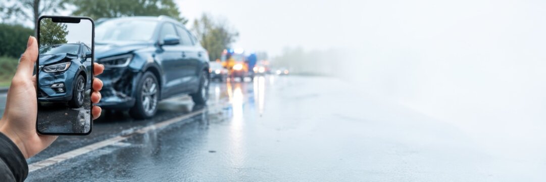 Smartphone Capturing Accident Evidence for Auto Insurance Claim on Rainy Highway