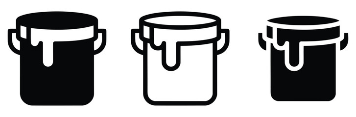 paint bucket icon set with dripping paint. Minimalist black and white line art and silhouette graphic design elements for painting, home renovation, hardware store, creative artwork logo. © Welcome