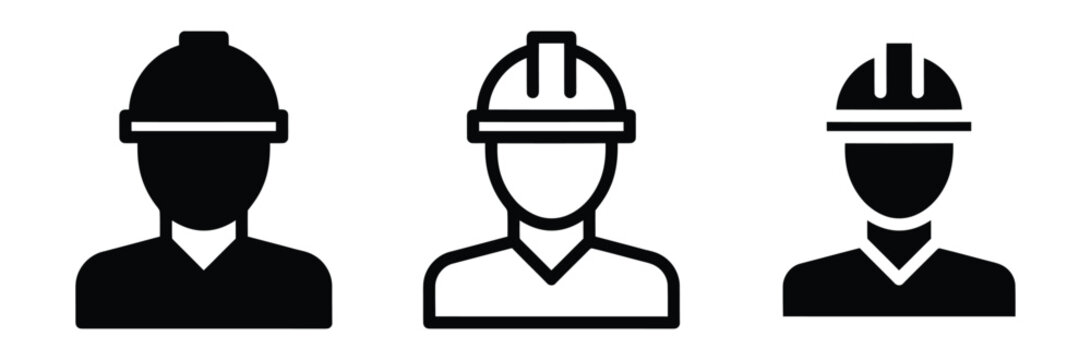construction worker avatar icon set wearing hard hat safety helmet. Minimalist black and white line art and silhouette graphic design elements for builder, engineer, industrial contractor logo.
