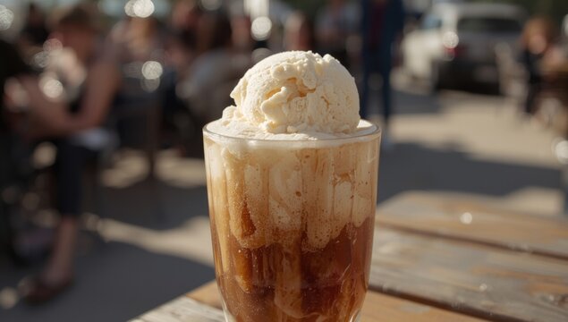 Root beer float with ice cream in a glass on a table