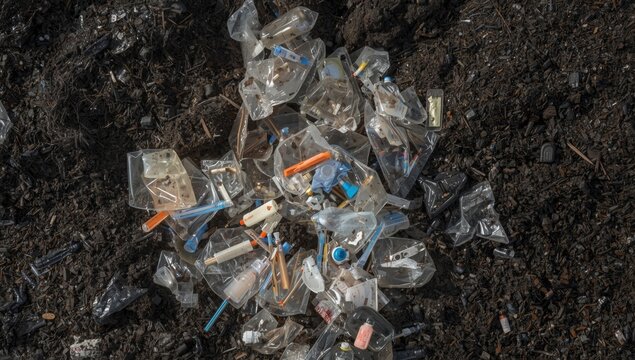 Discarded plastic packaging and waste on the ground