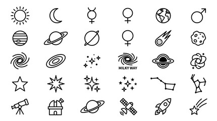 Space icons, astronomy symbols, solar system graphics, 25 black line icons isolated on White Background flat vector © Mariajahan