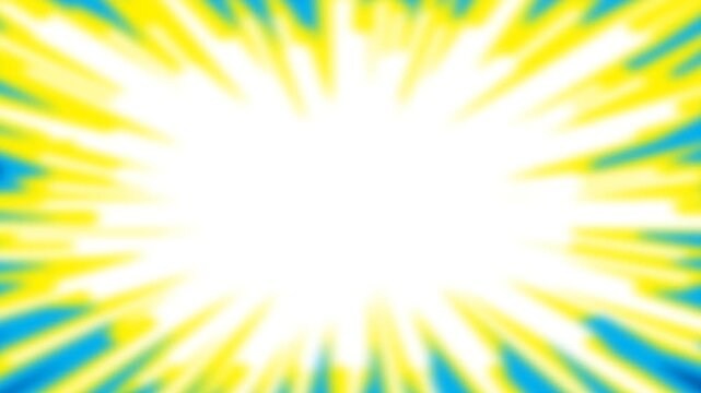 Dynamic abstract looping video of bright yellow and blue sunburst zoom lines exploding outward from a glowing white center, creating a fast action motion background