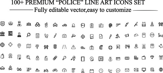 Police & Law Enforcement Line Icons Set: Professional Security, Safety, and Public Service Vector Collection.Perfect for websites, mobile apps, infographics, presentations, and public sector projects. © Designer