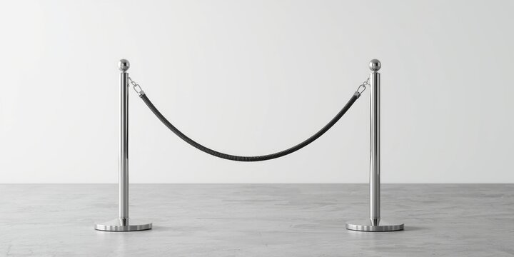 Stylish metal stanchions and black rope crowd control barrier positioned in minimalistic modern space with copyspace
