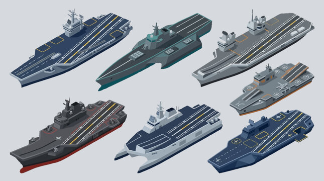 Collection of modern military and cruise ships in isometric view.