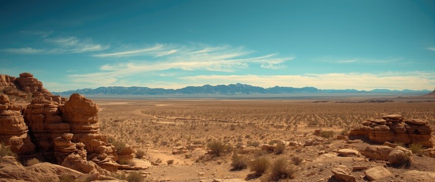 Wide open desert landscape with rocky outcrops near view and faraway mountain peaks beneath clear sky