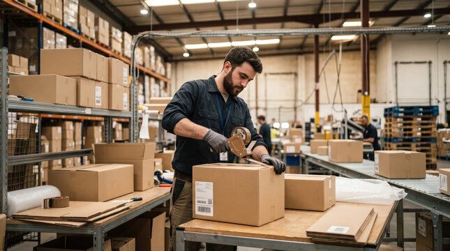Warehouse Worker Packing Shipment Boxes in Busy Distribution Center Environment