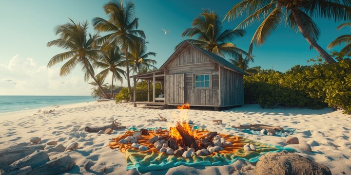 Cozy beach hut with a fire pit on the sand
