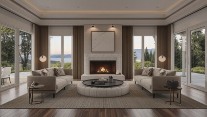 Fototapeta premium Modern living room with fireplace and large windows overlooking nature
