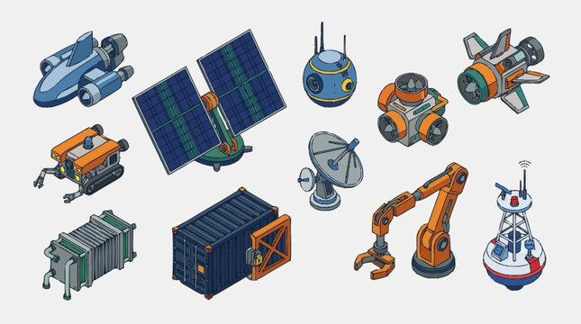Colorful futuristic robotics and space technology illustrations.