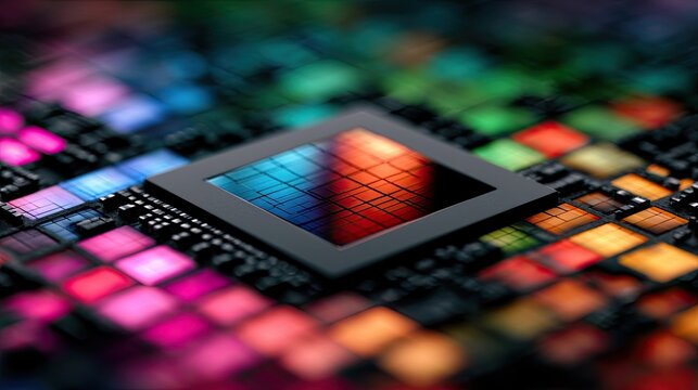 Close-up of a microchip's vibrant, colorful circuitry with intricate details