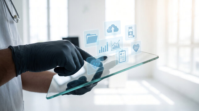 Digital Healthcare Professional Using Tablet with Electronic Medical Record Interface