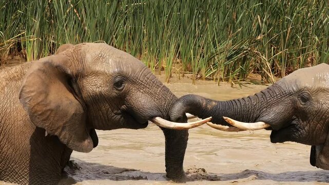 two big elephants fighting playful in water 704