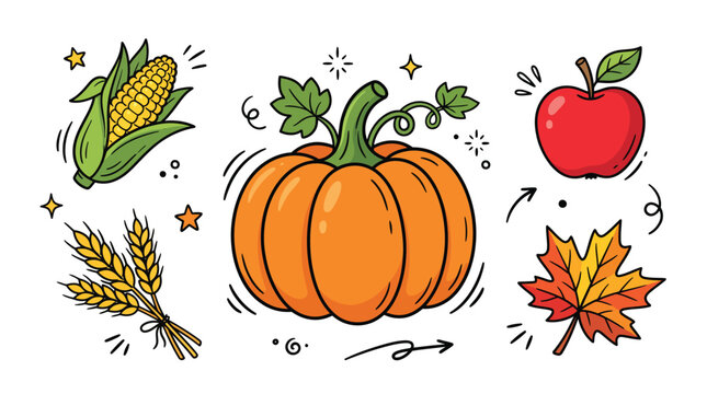Hand drawn autumn harvest vector illustration set featuring pumpkin corn wheat stalk red apple and maple leaf isolated on white background