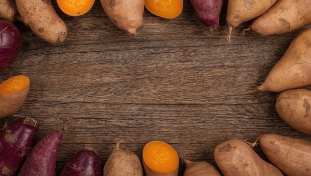 Natural sweet potatoes and purple yams on textured wooden surface showcasing bright flesh and rustic skin details